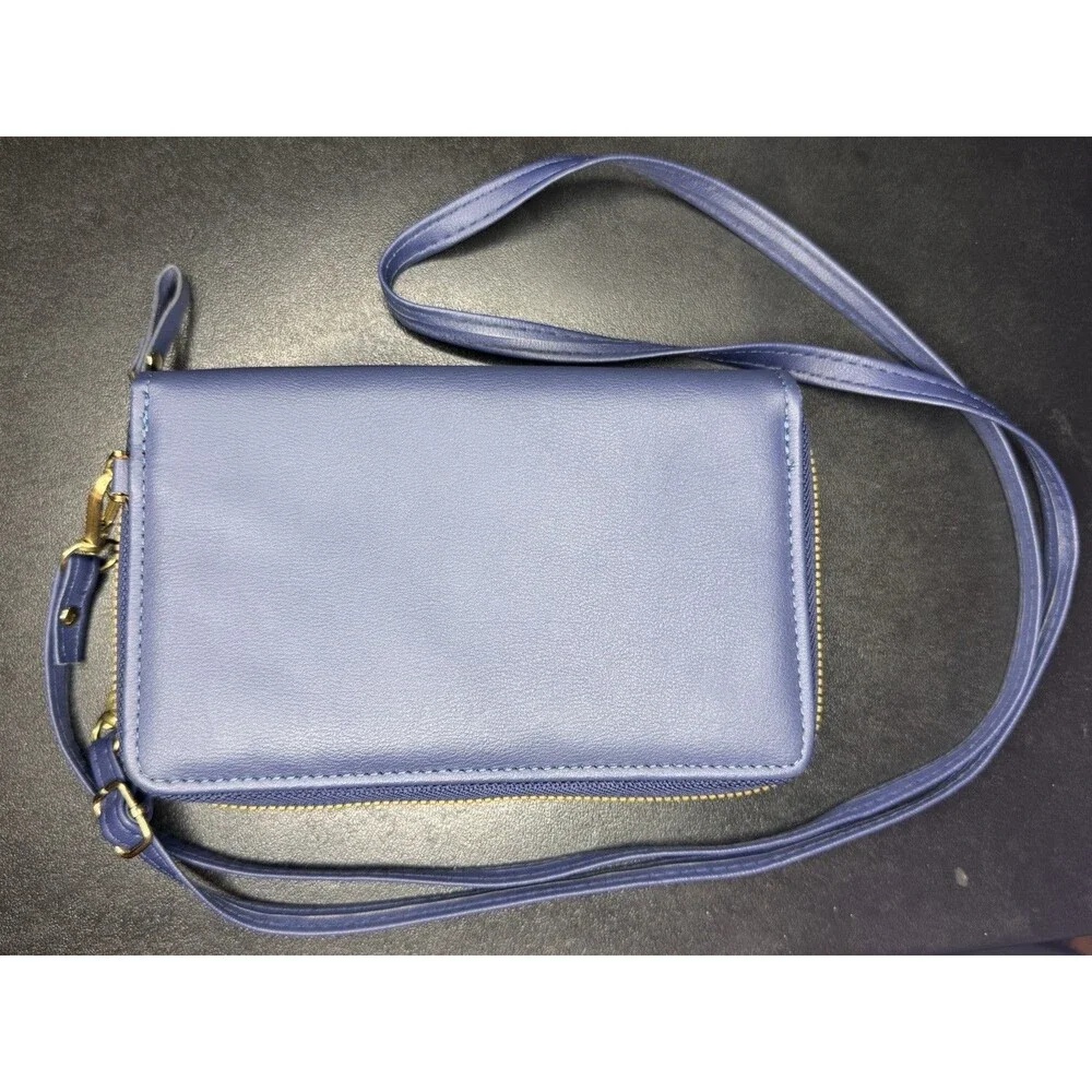 Forever Lovely Blue Crossbody Wallet Phone Purse Organizer Gold Zip Faux Leather